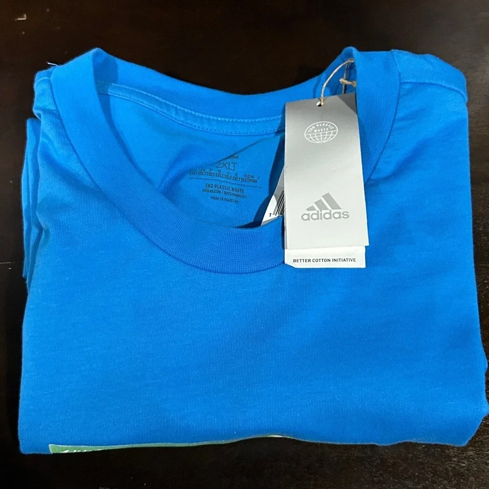Adidas T-Shirt Mens 2XLT End Plastic Waste Blue Graphic Cotton M Boost‎ Rocket